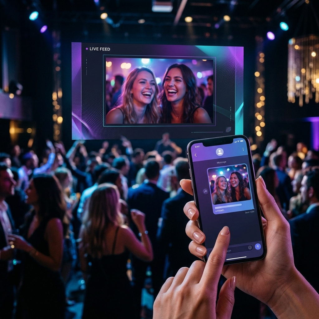 Una foto enviada por un invitado aparece en la pantalla del evento
